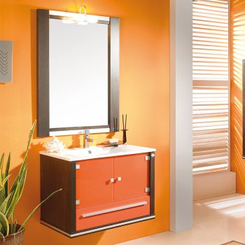 Mueble baño MOLTO de 70 cm suspendido acabado en roble con lavabo ceramico,  estante en roble de 30 cm y espejo. - Zomwy