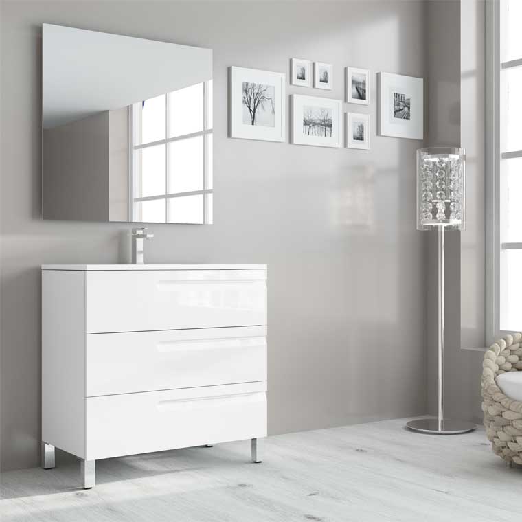 ▷ Mueble de Baño Zeus 90 cm. 3 Cajones Blanco Brillo