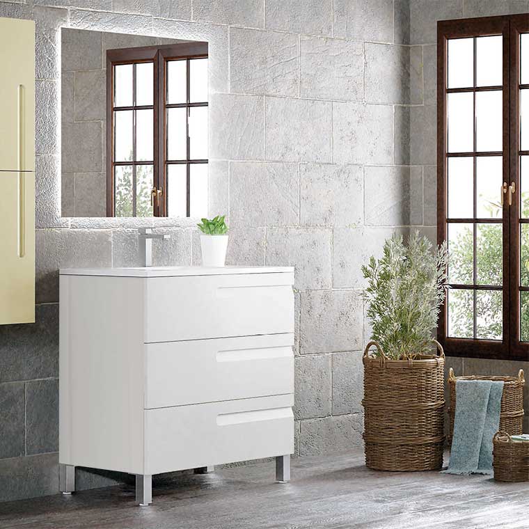 Conjunto con mueble de baño ZEUS 90cm con lavabo con seno desplazado a  izquierda y espejo retroiluminado redondo 3p