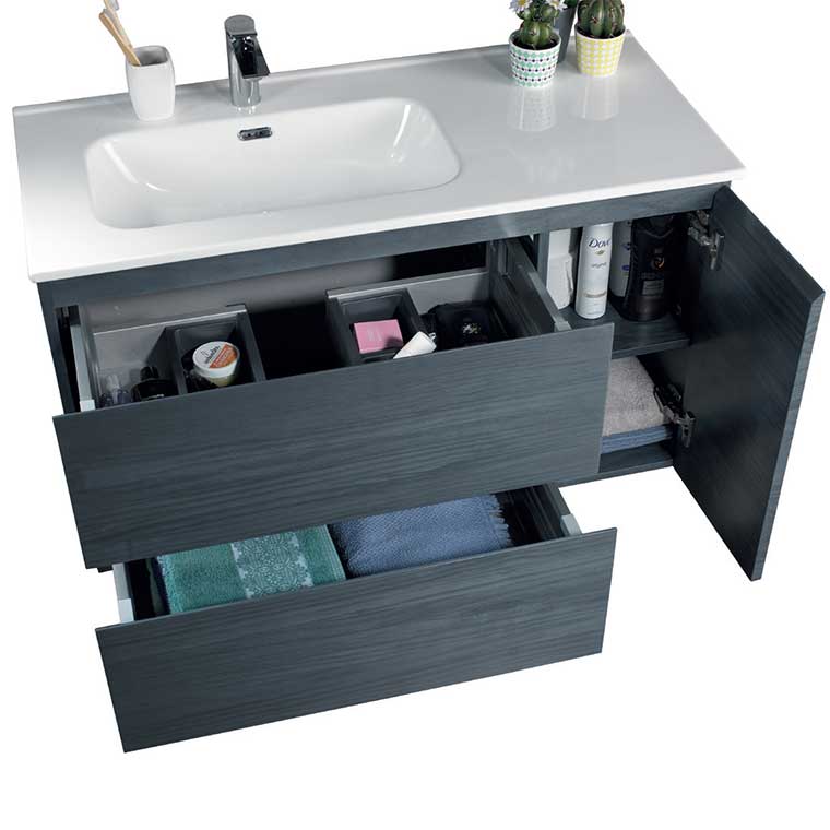 ▷ Mueble de Baño Iris 90 cm. 1 cajón y faldón con lavabo sobreencimera, Mudeba